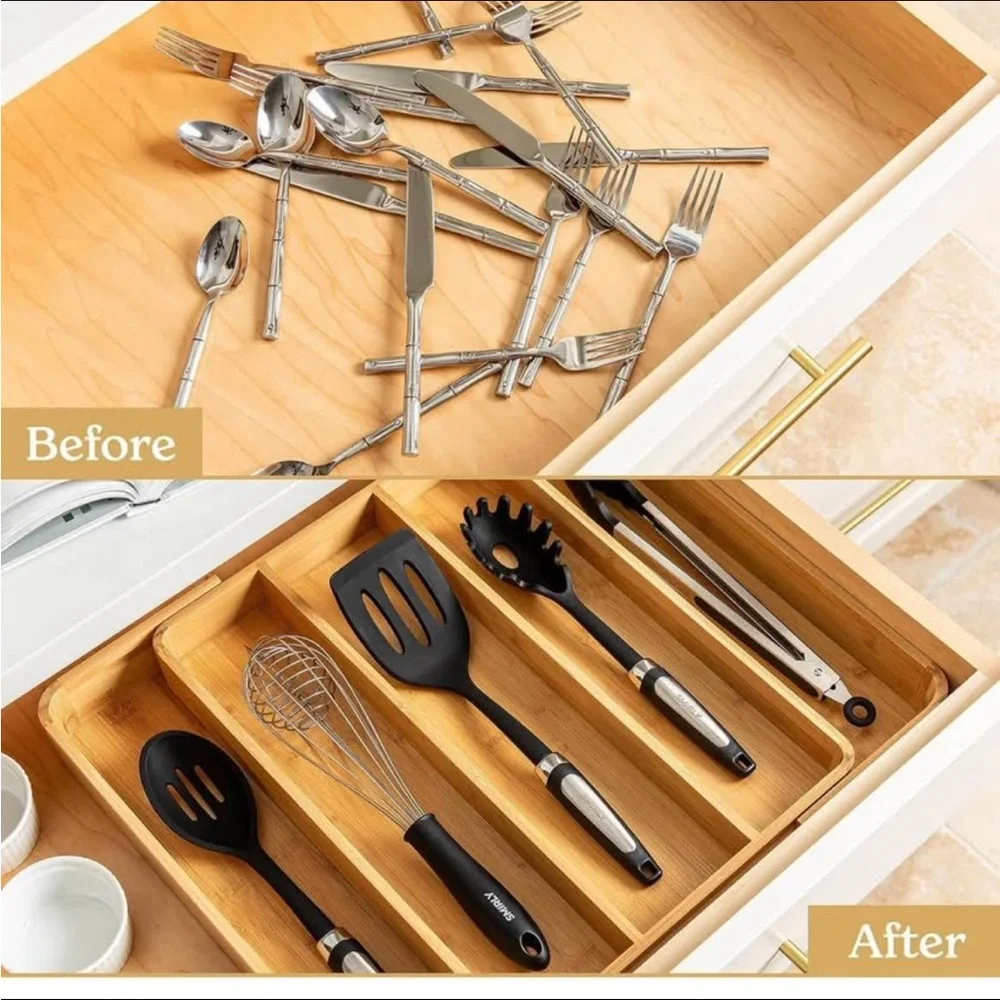 NWT White Bamboo Kitchen Drawer Organizer For Silverware